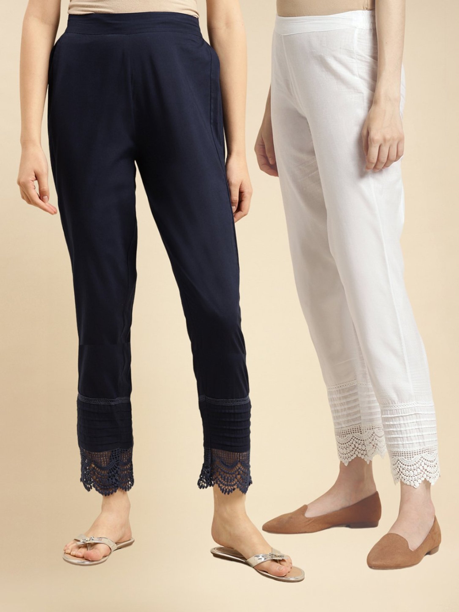 Rangita Navy & Off White Cotton Pants - Pack of 2