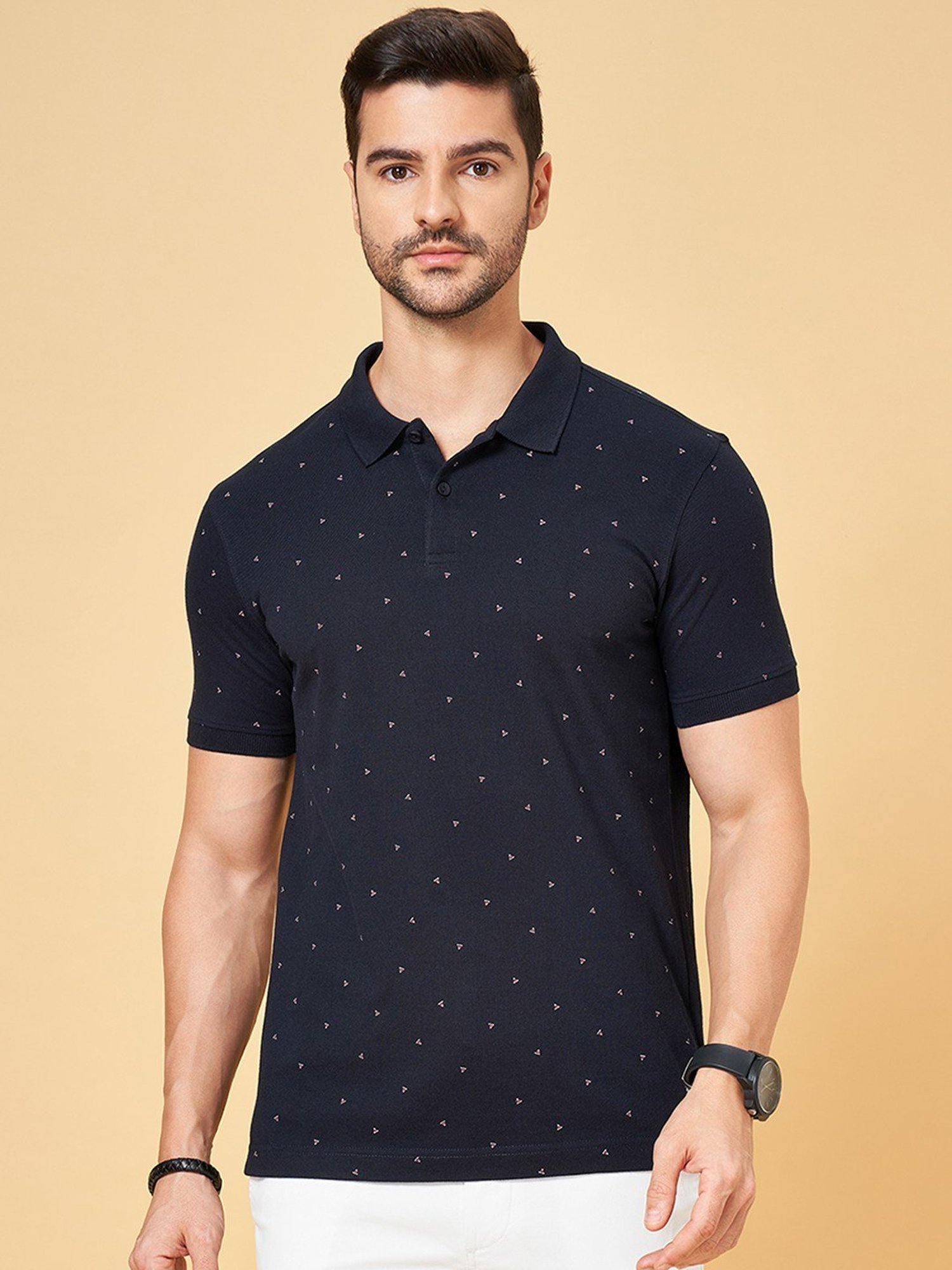 Byford by Pantaloons Navy Slim Fit Printed Polo T-Shirt