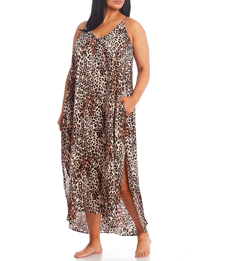 VAN WINKLE & CO. Plus Size Leopard Print Satin Maxi Chemise