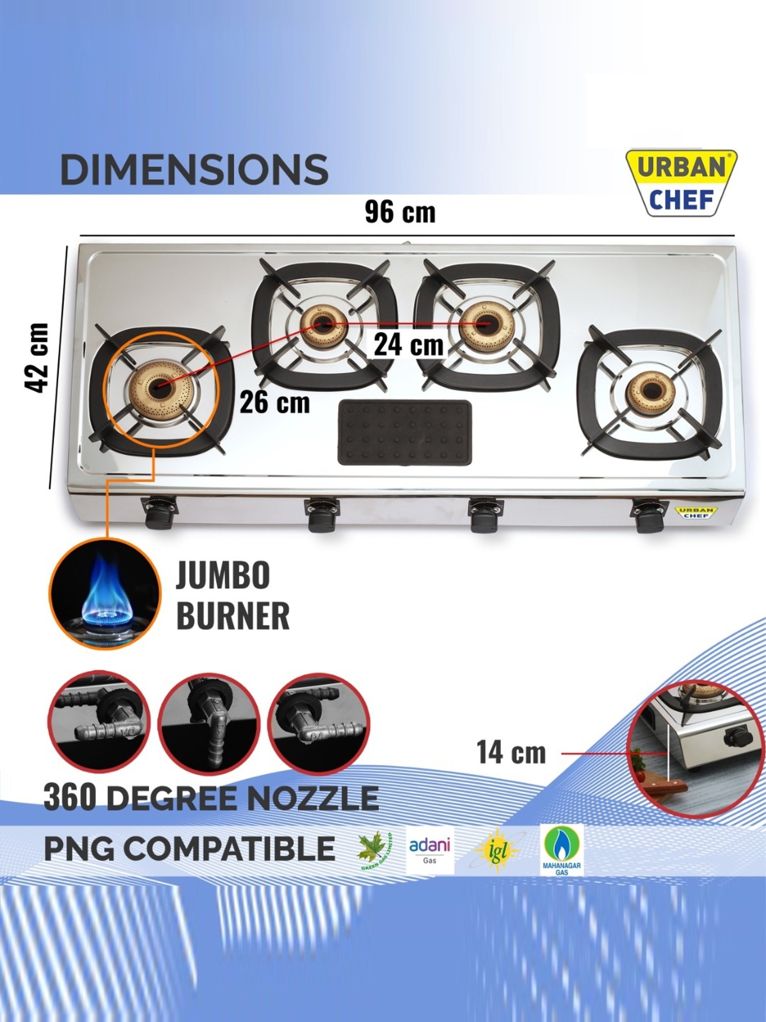 Urban Chef Gas Stove with 4 burners ( Silver/Black )