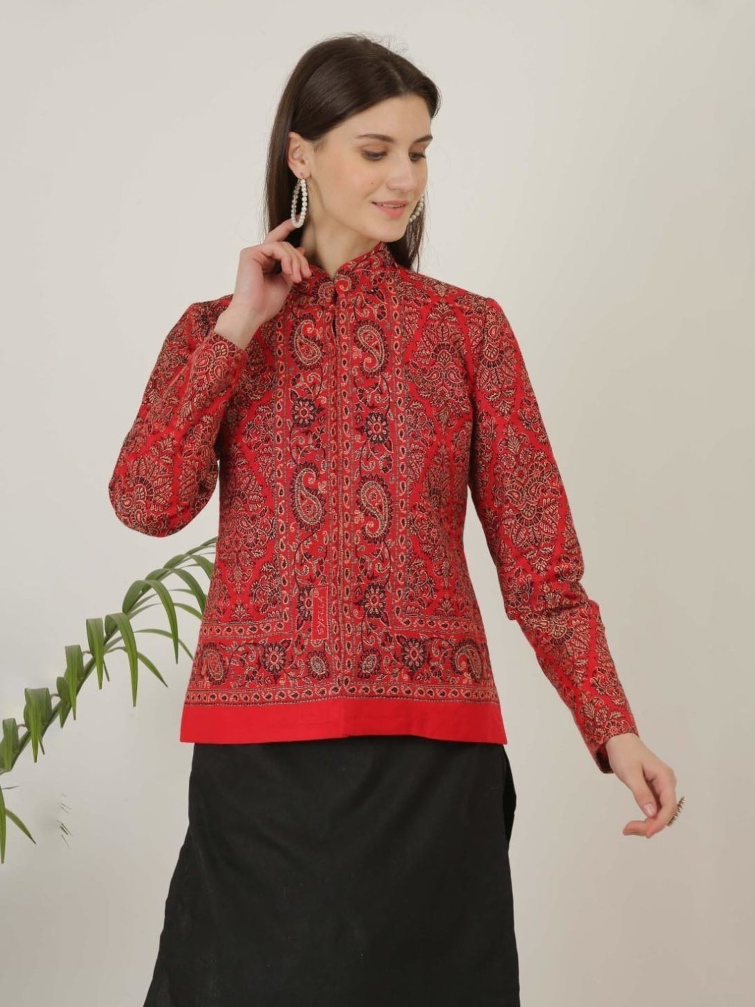 Kaanchie Nanggia Red Wool Self Design Jacket