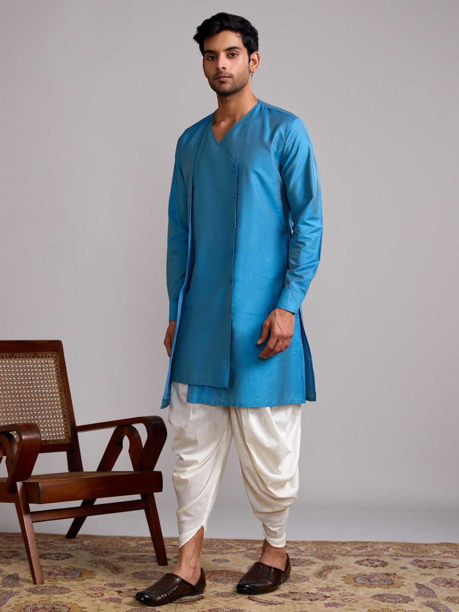 Abhishti Blue & Cream Straight Fit Kurta Dhoti Pants Set