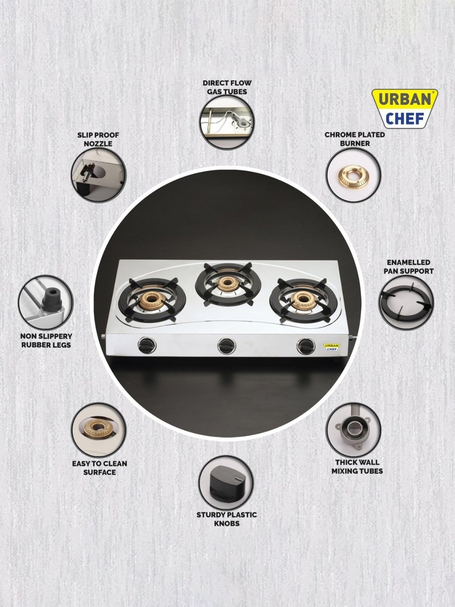 Urban Chef Gas Stove with 3 Burners ( Silver/Black )