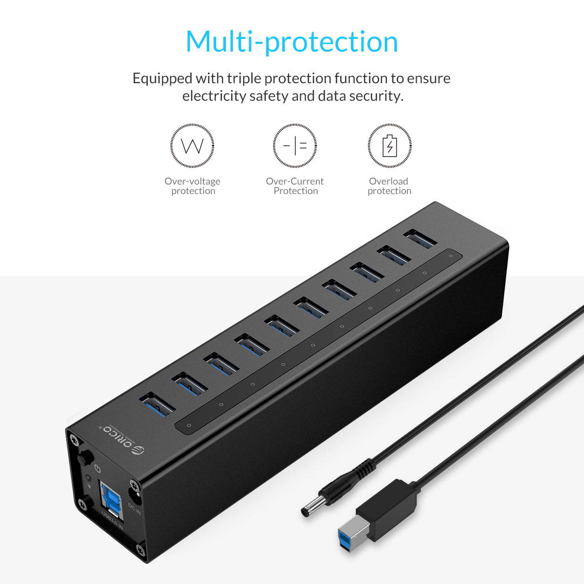 ORICO Aluminum 10Ports USB 3.0 HUB with 3.3Ft. USB 3.0 Data Cable and 12V/3A Power Supply for Macbook,PC,Laptops (HUB is not a Charger,Data transfer Only)- Silver (A3H10-V1-US)