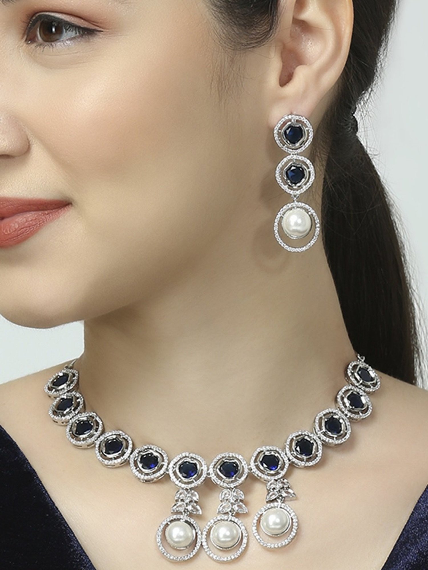 OOMPH Blue American Diamond and Pearls Statement Necklace Set