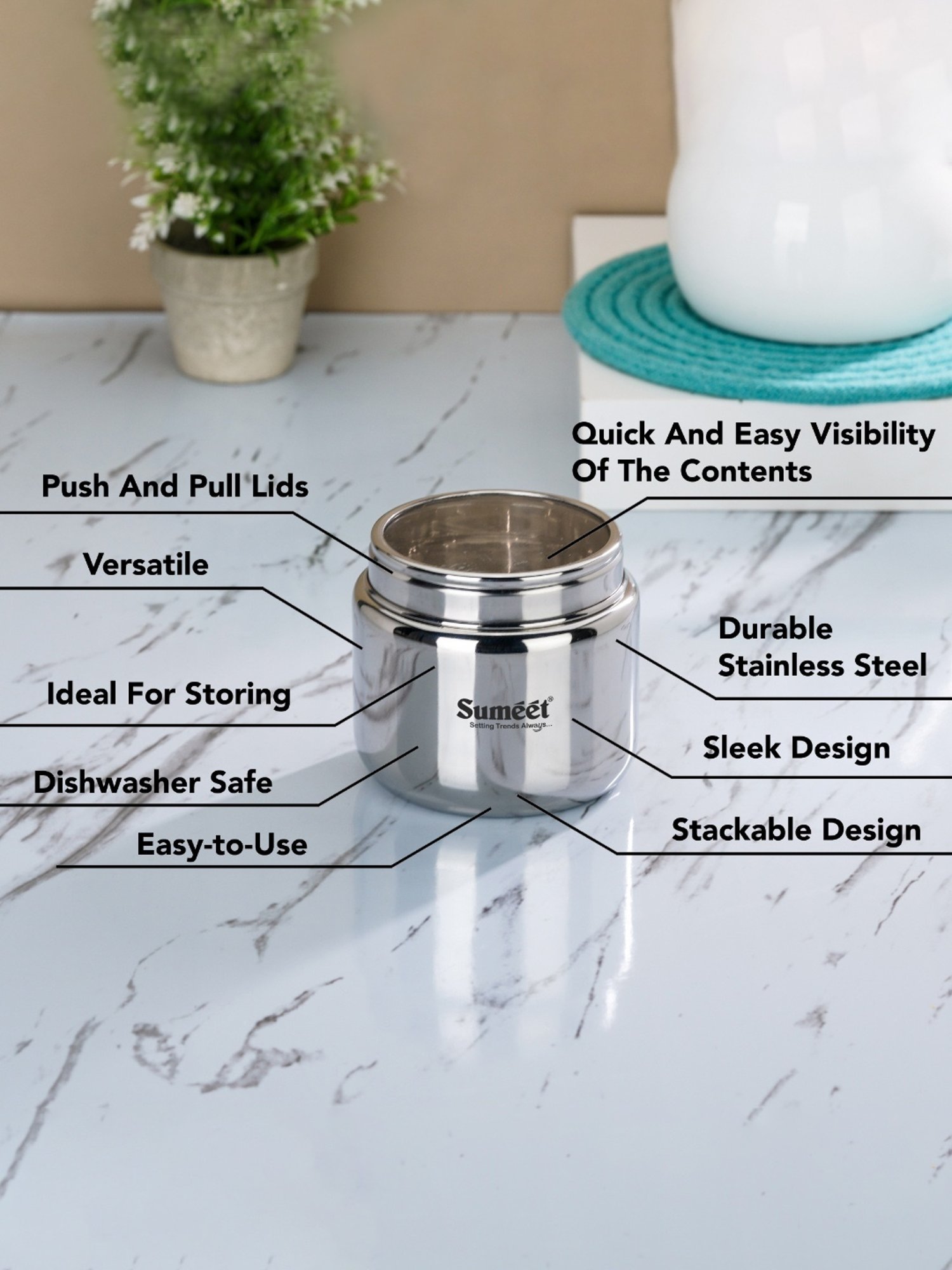Sumeet S.S.Storage Containers with See Through Lid,4pc (400ml-2Pc with 9cm&800ml-2Pc with 11cm)