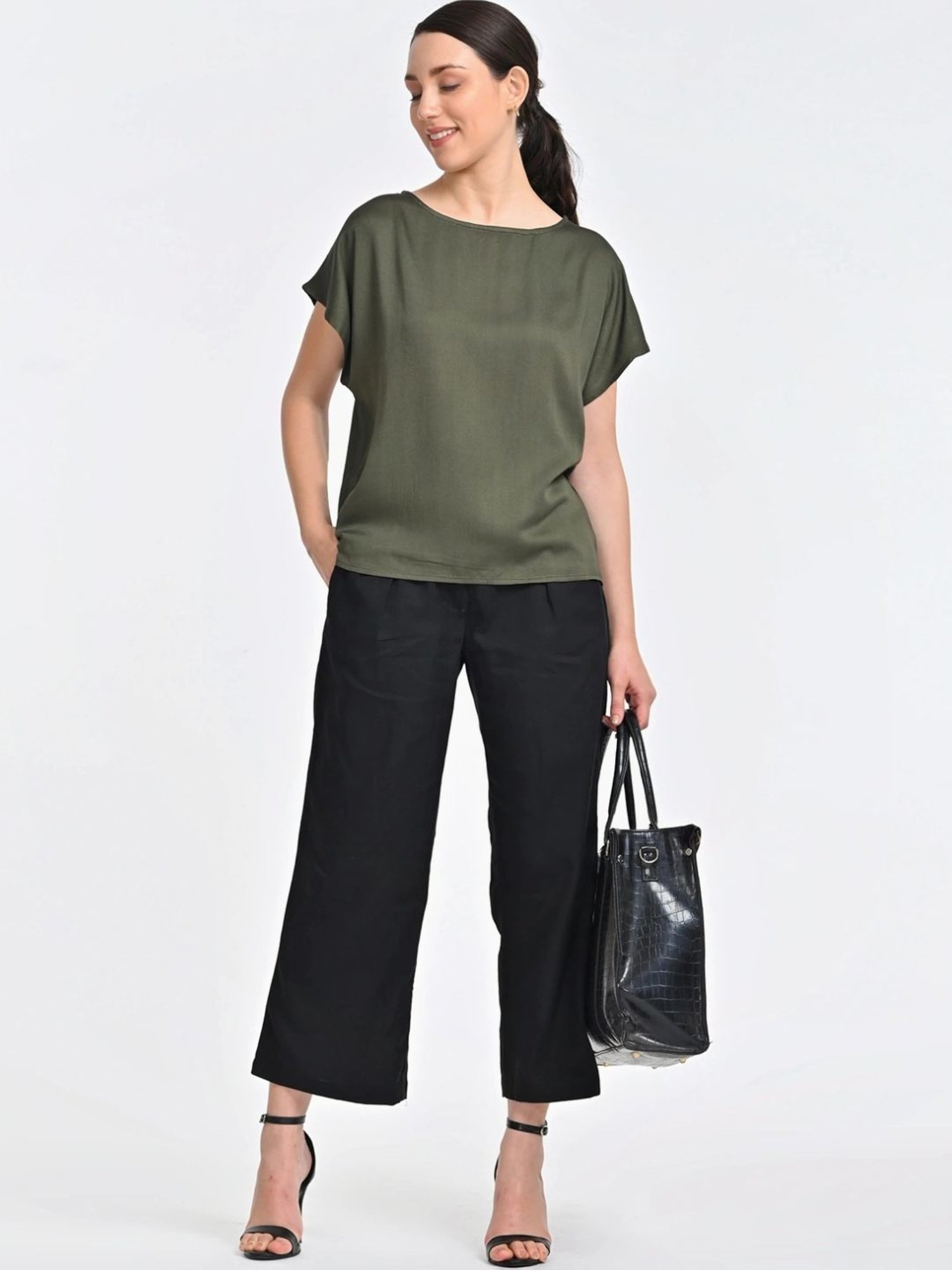 Saltpetre Olive Boat Neck Top With Black Trouser Co-ords Set