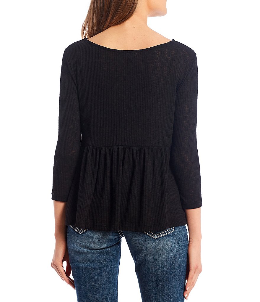 Good Luck Gem 3/4 Sleeve Ribbed Peplum Top