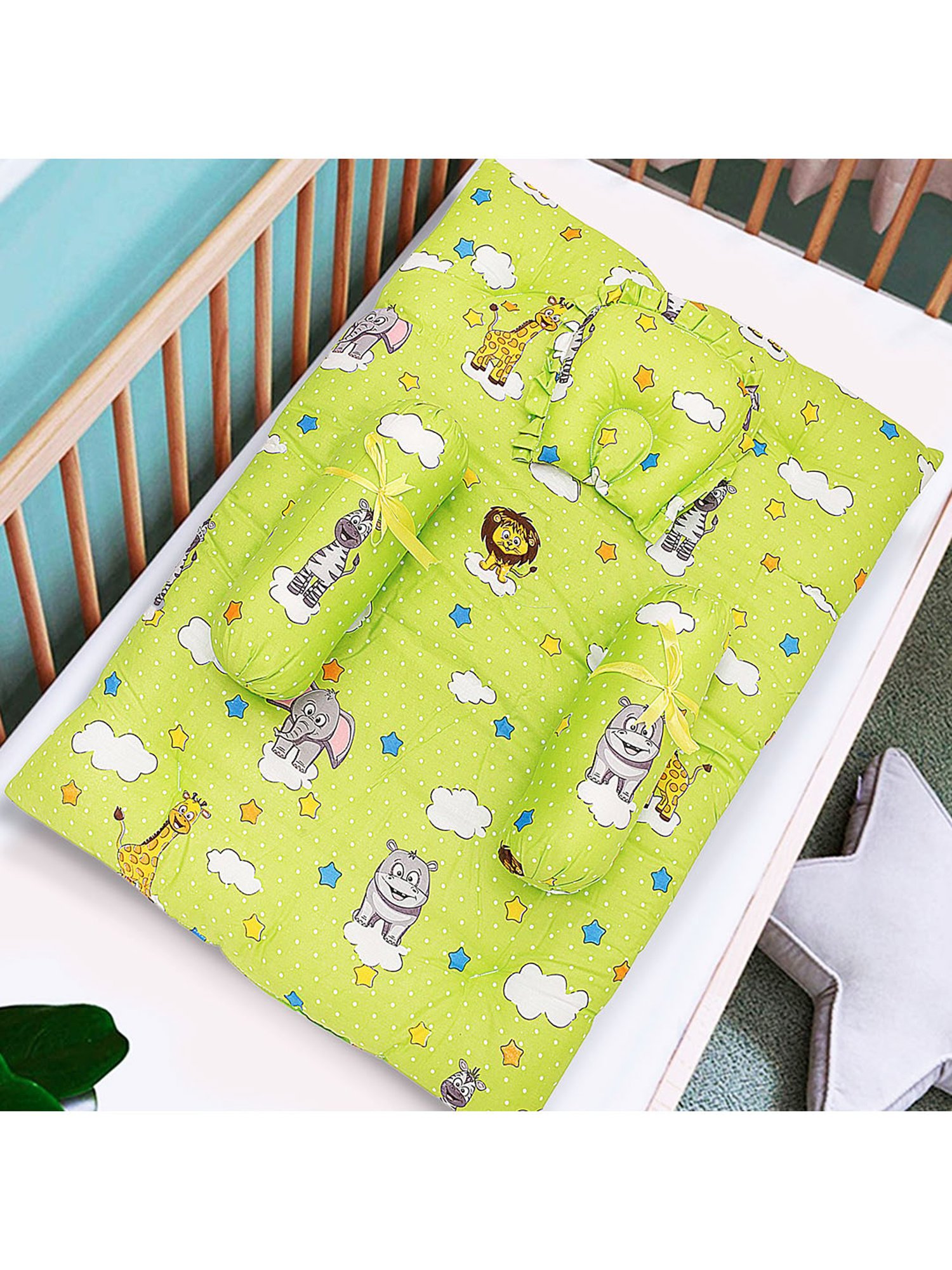 Baby Moo Fun In The Jungle Green Mattress Set with Neck Pillow and Bolsters