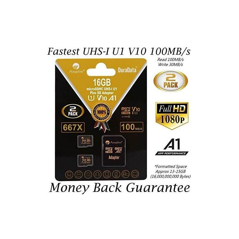 2Pack 16GB Micro SD Card Plus Adapter 16 GB MicroSD Memory Card 100MBs 667X V10 A1 U1 Class 10 UHSI 16G MicroSDHC TF Card for Cell Phones Fire Dashcam Camera GoPro DJI Nintendo