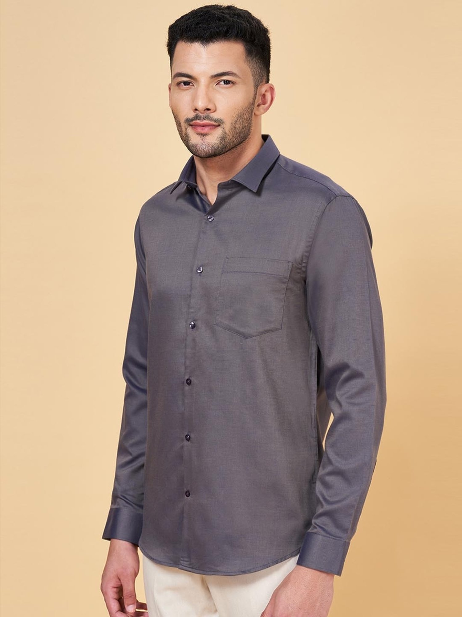 Peregrine by Pantaloons Purple Brown Cotton Slim Fit Self Pattern Shirt