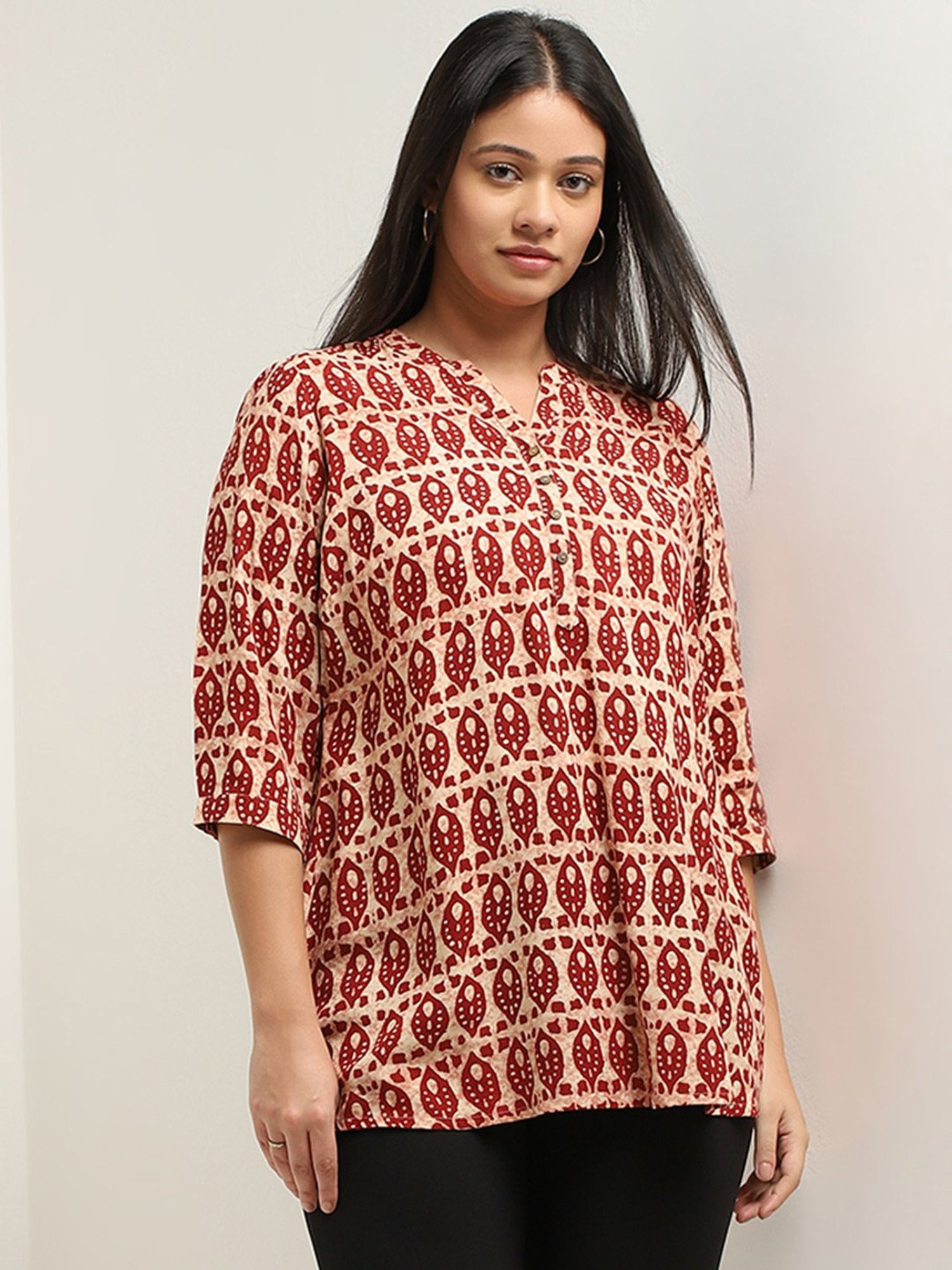 Diza by Westside Maroon Geometrical Design Straight Kurti