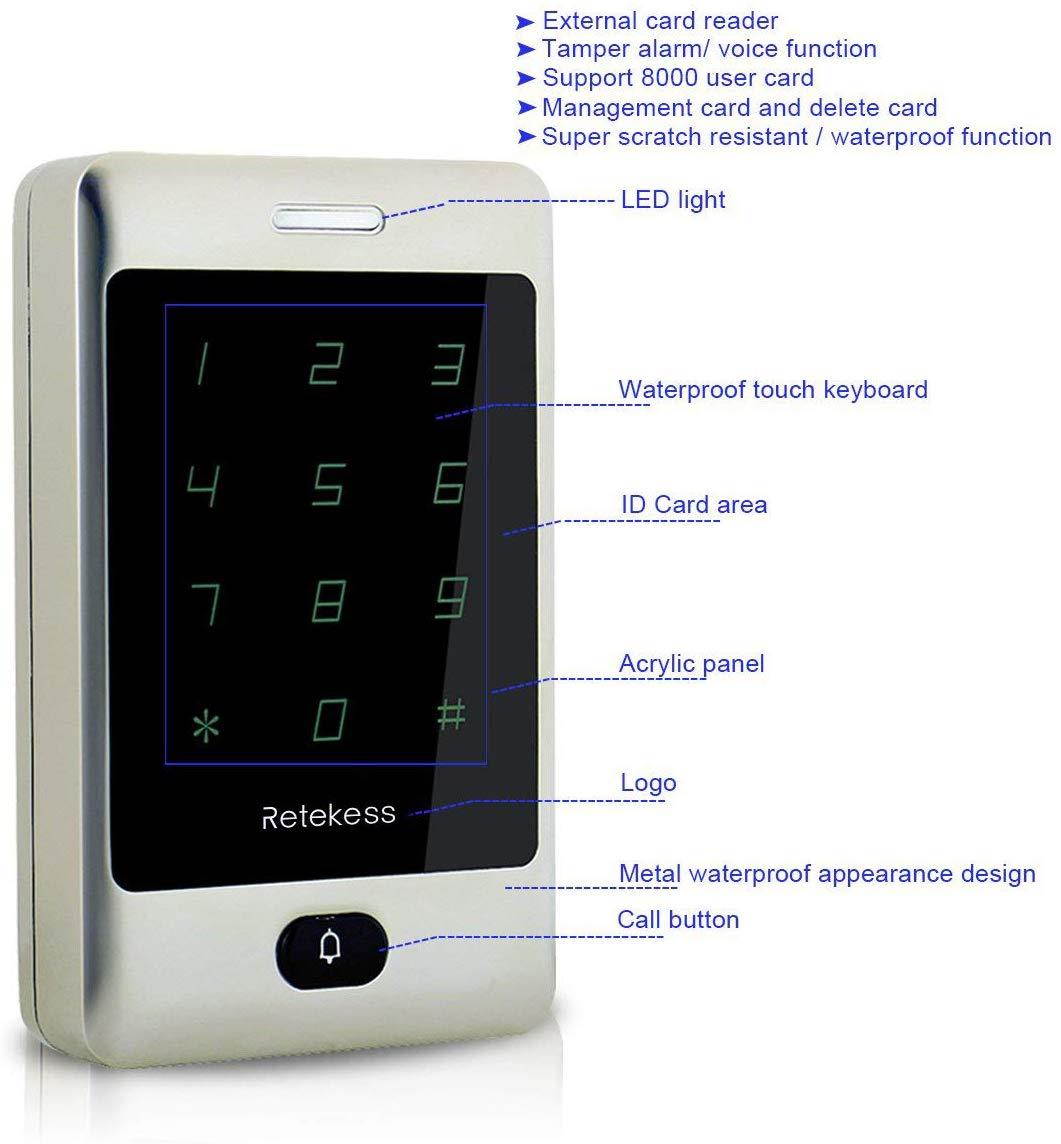 Retekess T-AC800 Access Control Keypad Access Touch Keypad RFID Keypad Wiegand Keypad 8000 User 125KHz Access Control Exit Button