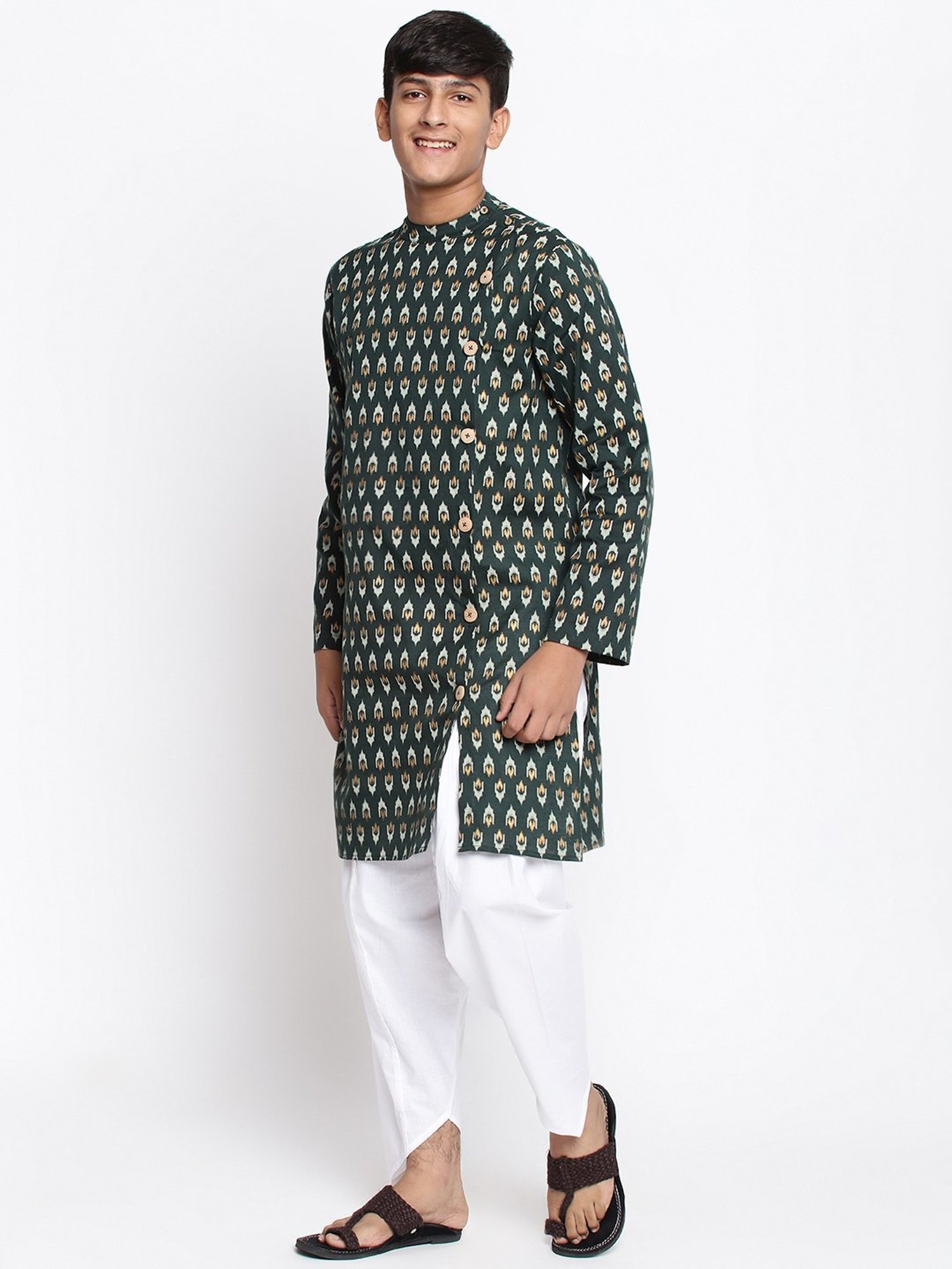 Lil Tomatoes Kids Green & White Cotton Printed Full Sleeves Kurta Set