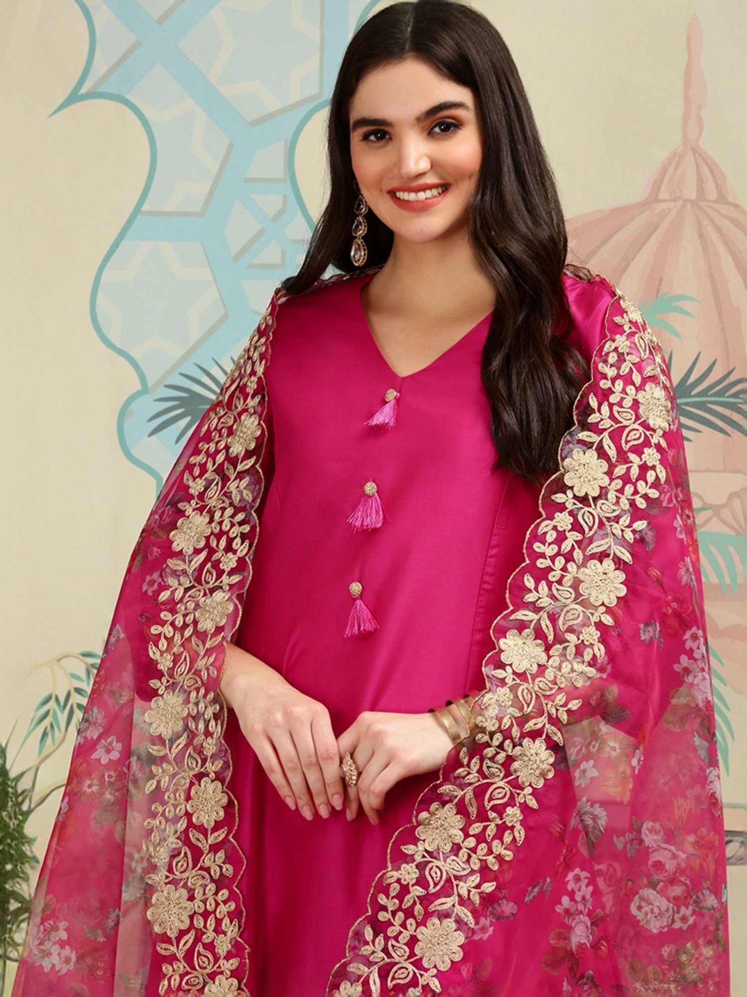 Ishin Pink Plain Kurta & Pants Set with Dupatta