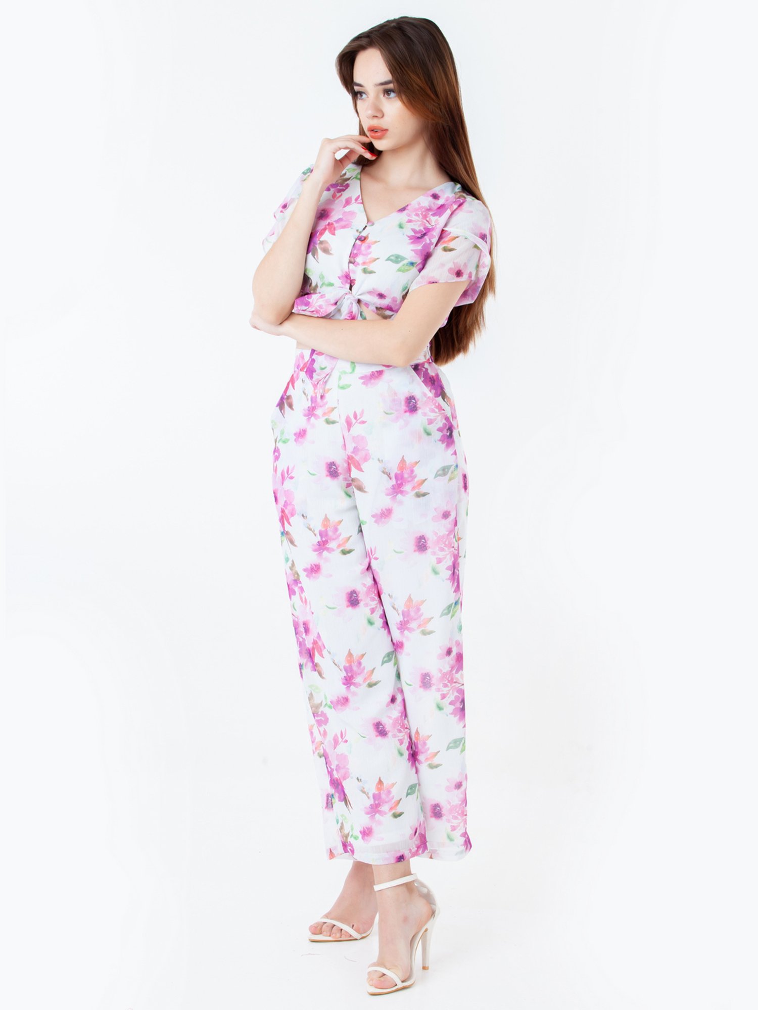 Zink London White & Lavender Floral Print Crop Top