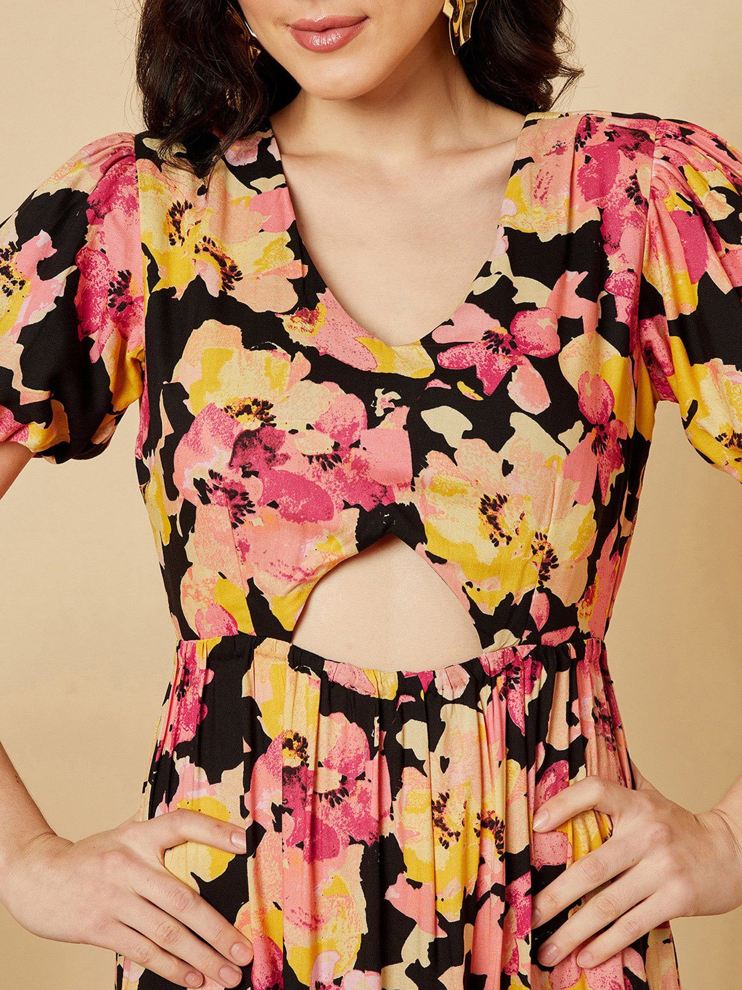 Magre Multicolor Floral Print Midi Dress