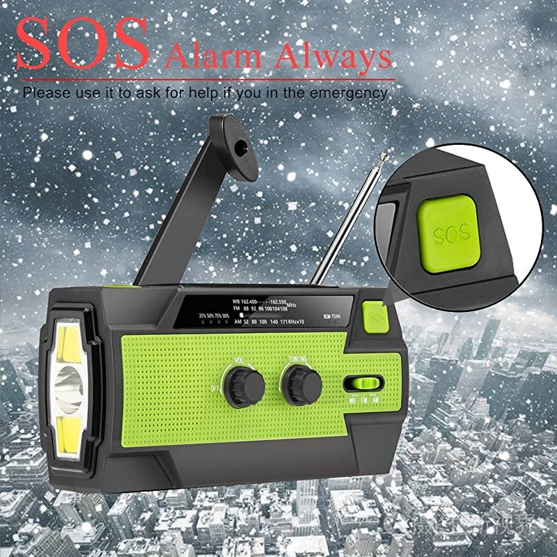 Newest EmergencyHandCrankRadio4000mAh Portable Weather Solar Radios with Motion Sensor Reading Lamp3 Gear LED FlashlightSOS AlarmCell Phone ChargerAMFMNOAA Green