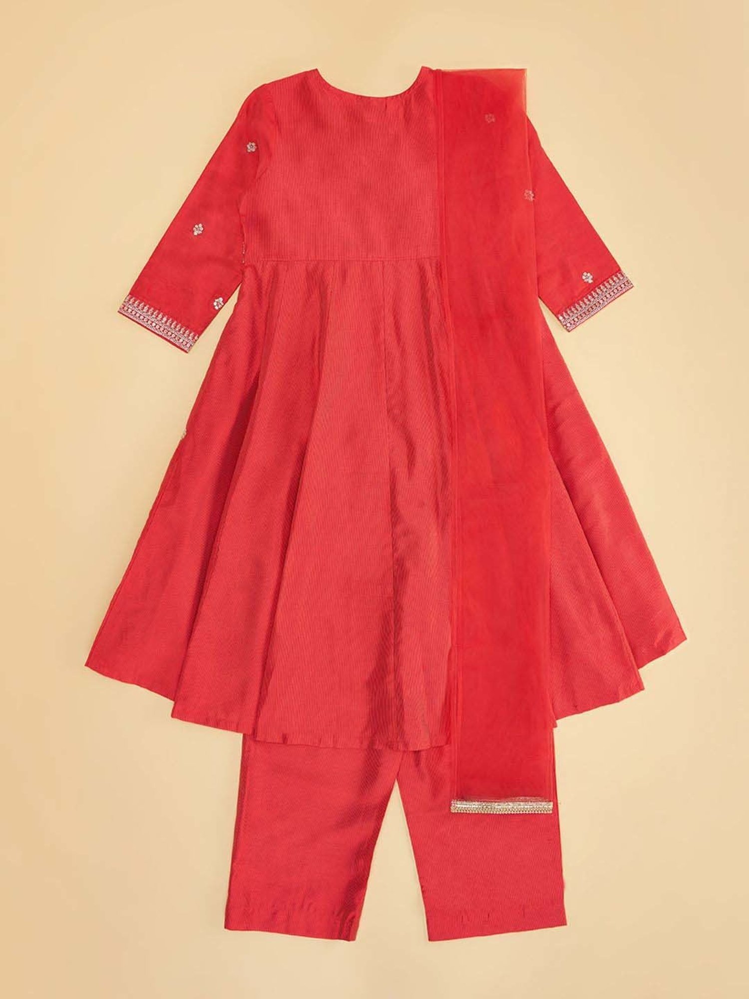 Akkriti by Pantaloons Girls Barbados Cherry Cotton Embellished Kurta Sets