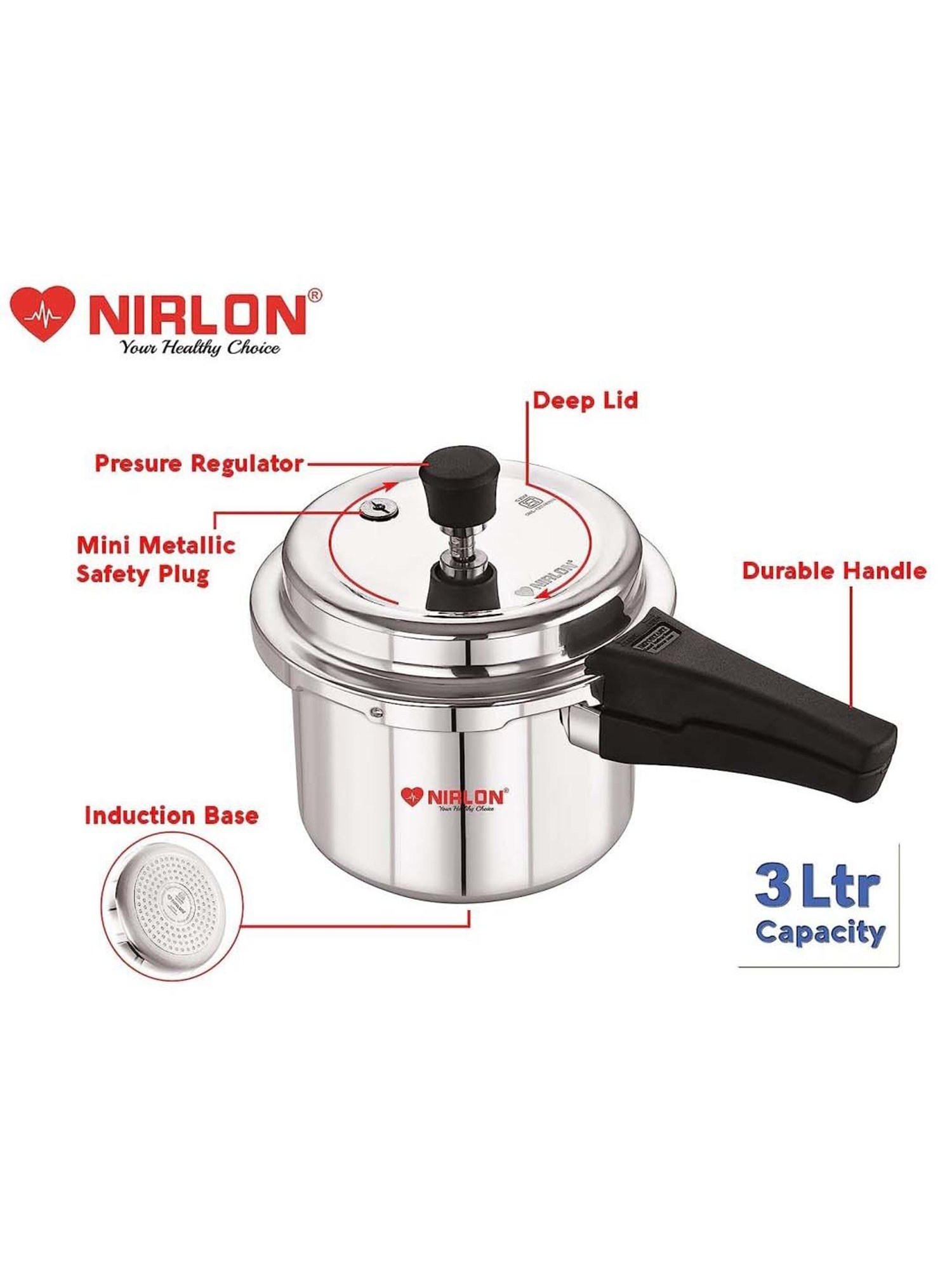 Nirlon Silver Aluminium Induction Outer Lid Pressure Cooker (3 L)