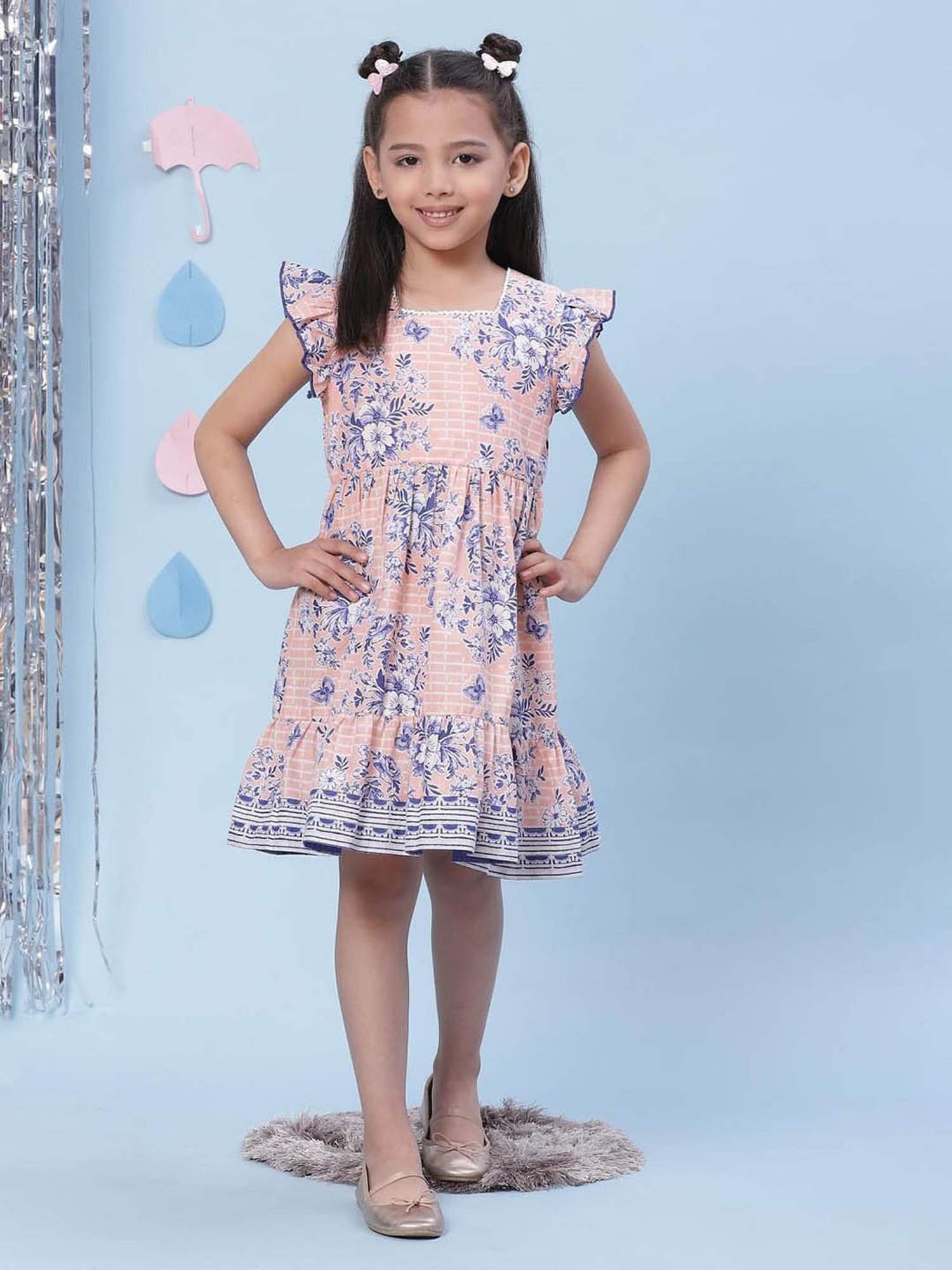 BIBA Girls Peach & Blue Printed Dress