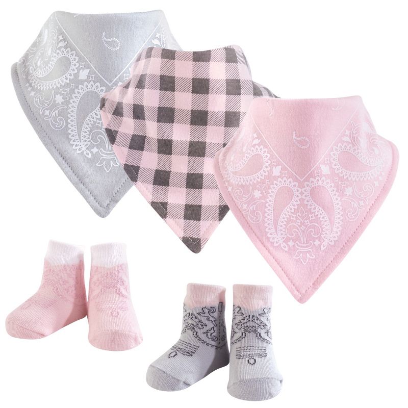 Hudson Baby Infant Girl Cotton Bib and Sock Set 5pk, Cowgirl, One Size