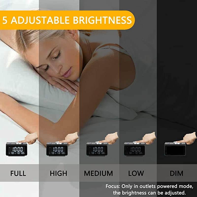Digital Alarm Clock with FM Radio Dual USB Charging Ports Temperature Detect Dual Alarms Snooze 5Level Brightness Dimmer Batteries Operated for Bedroom Small Sleep Timer