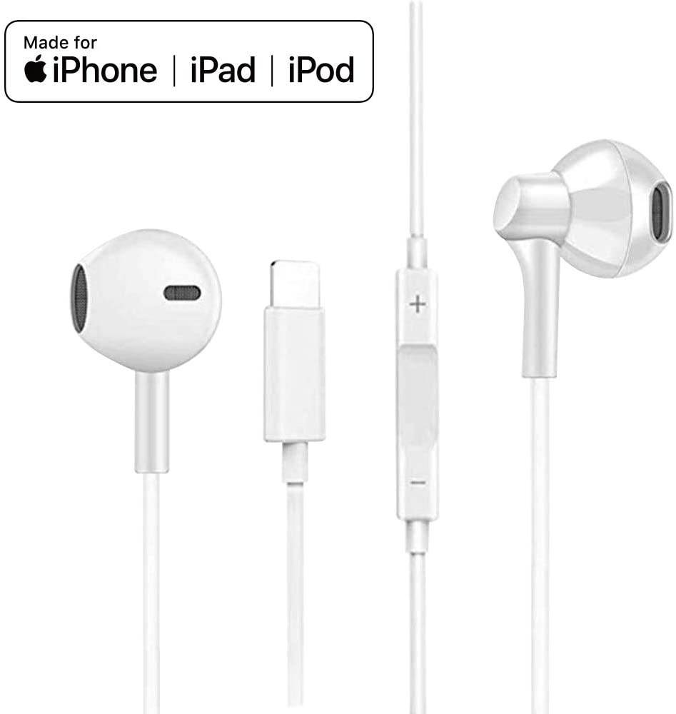 Lightning Earbuds MFi Certified Earphones Headphones with Microphone and Volume Control Noise Isolating Headset Compatible with iPhone XS/Max/XR/X/8/Plus/7 and iOS 10/11/12(White)