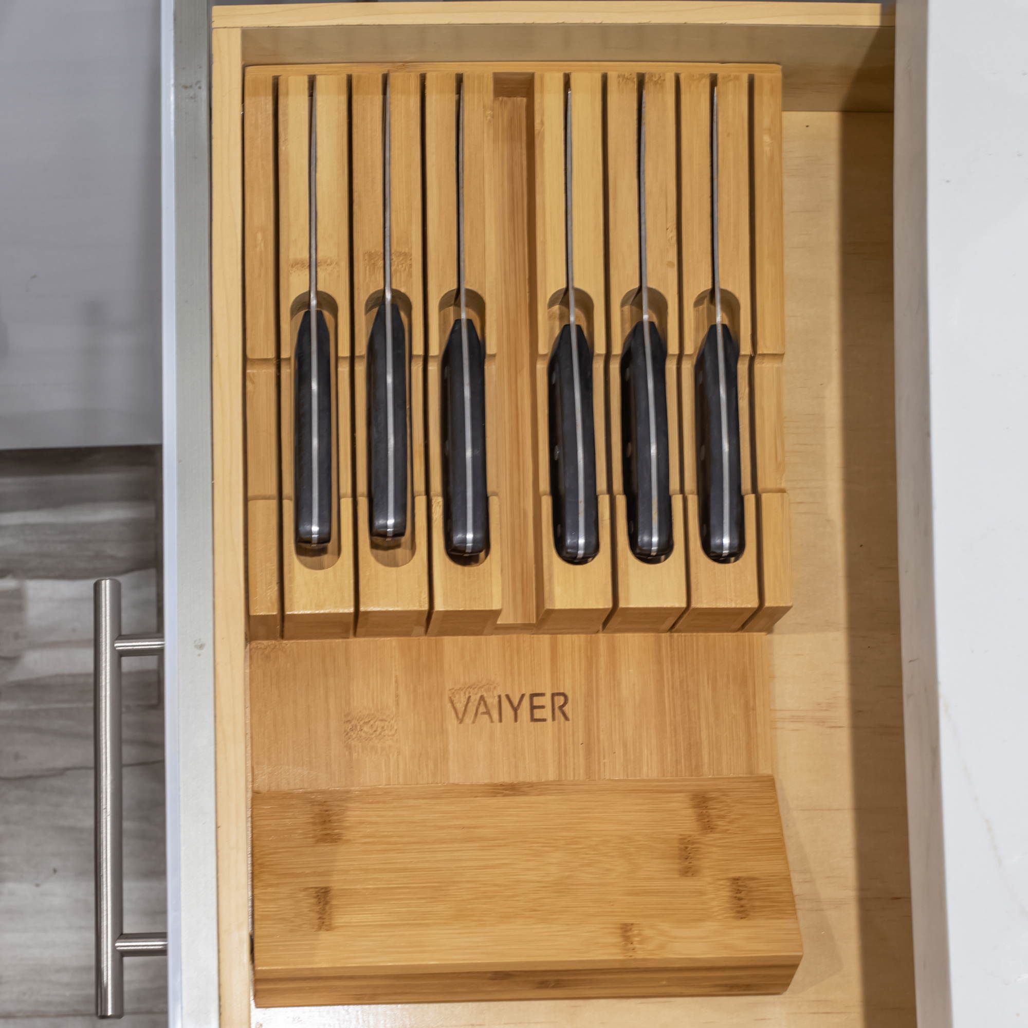 Vaiyer, In-Drawer Bamboo Knife Block Holds 12 Knives (Not Included), 
 Slot for your Knife Sharpener, Chef Knife Organizer Made from Quality Bamboo, Special Designed Angled Rest to Keep Blades down