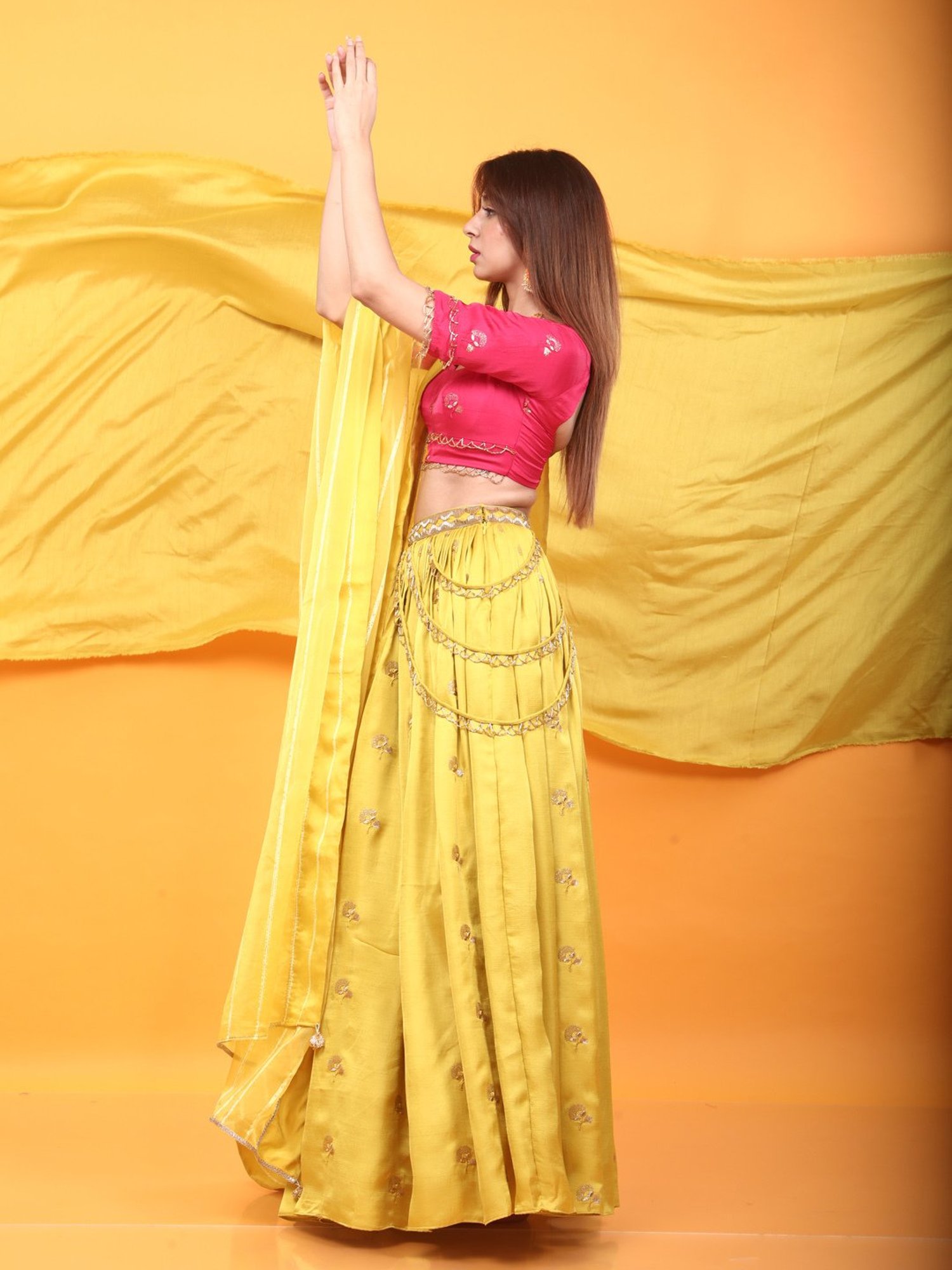 Monk & Mei Gulkari Lehenga and Blouse Set-Fuchsia Pink & Canary Yellow