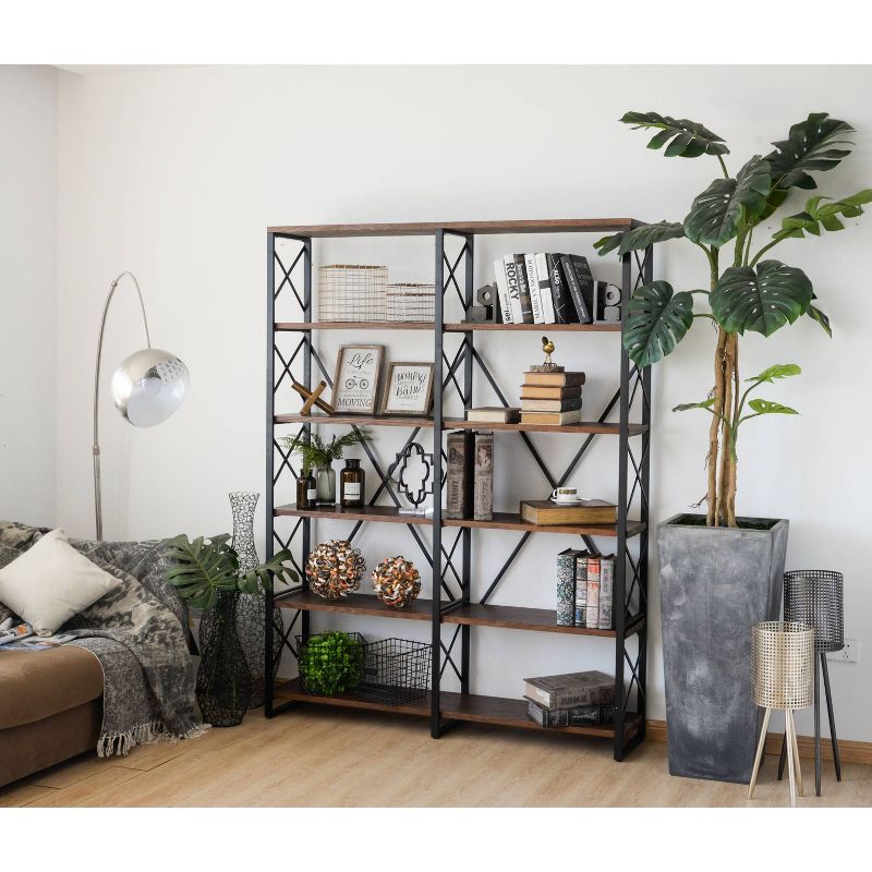80" Quincy 6 Shelf Double Etagere Bookshelf Walnut Brown - Summerland Home