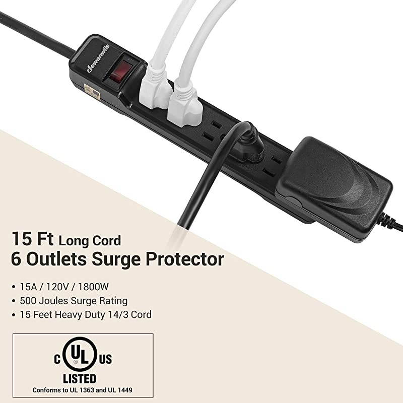 6-Outlet Power Strip Surge Protector, 15FT Long Extension Cord, Low Profile Flat Plug, 15 Amp Circuit Breaker, 500 Joules, Wall Mount, Black, UL Listed