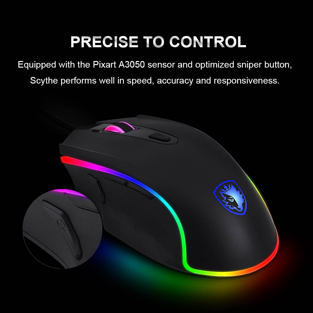 SADES Scythe FPS Gaming Mouse 4000DPI 7 programmable buttons 11 RGB lighting Opto-electronic Ambidextrous Ergonomic Mouse
