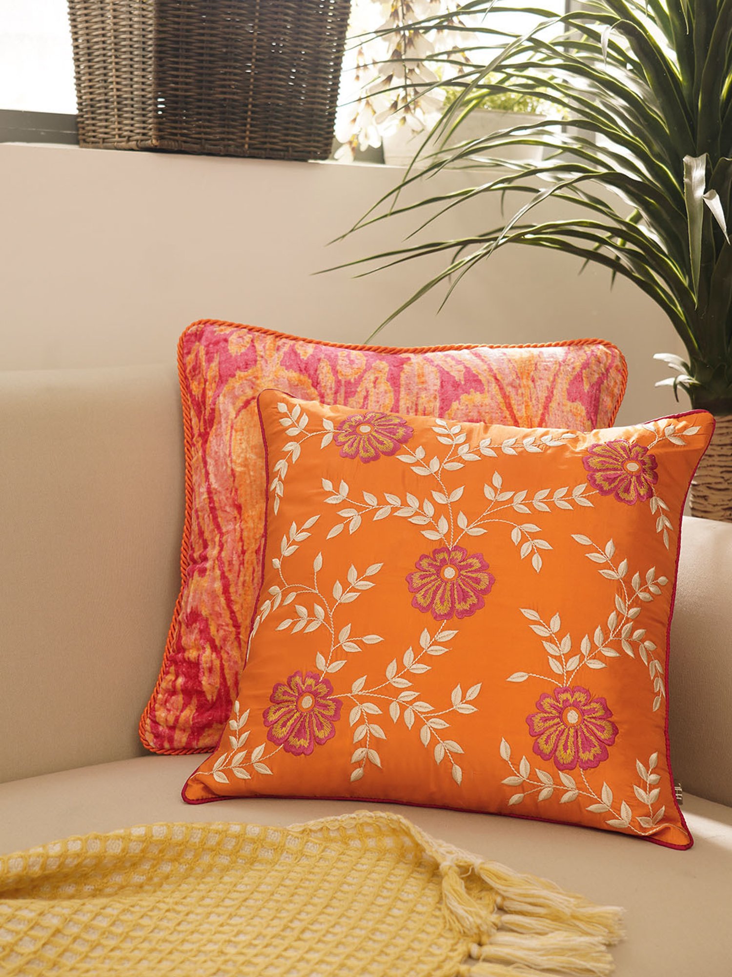 Pure Home and Living Orange Silk Embroidery Cushion Cover