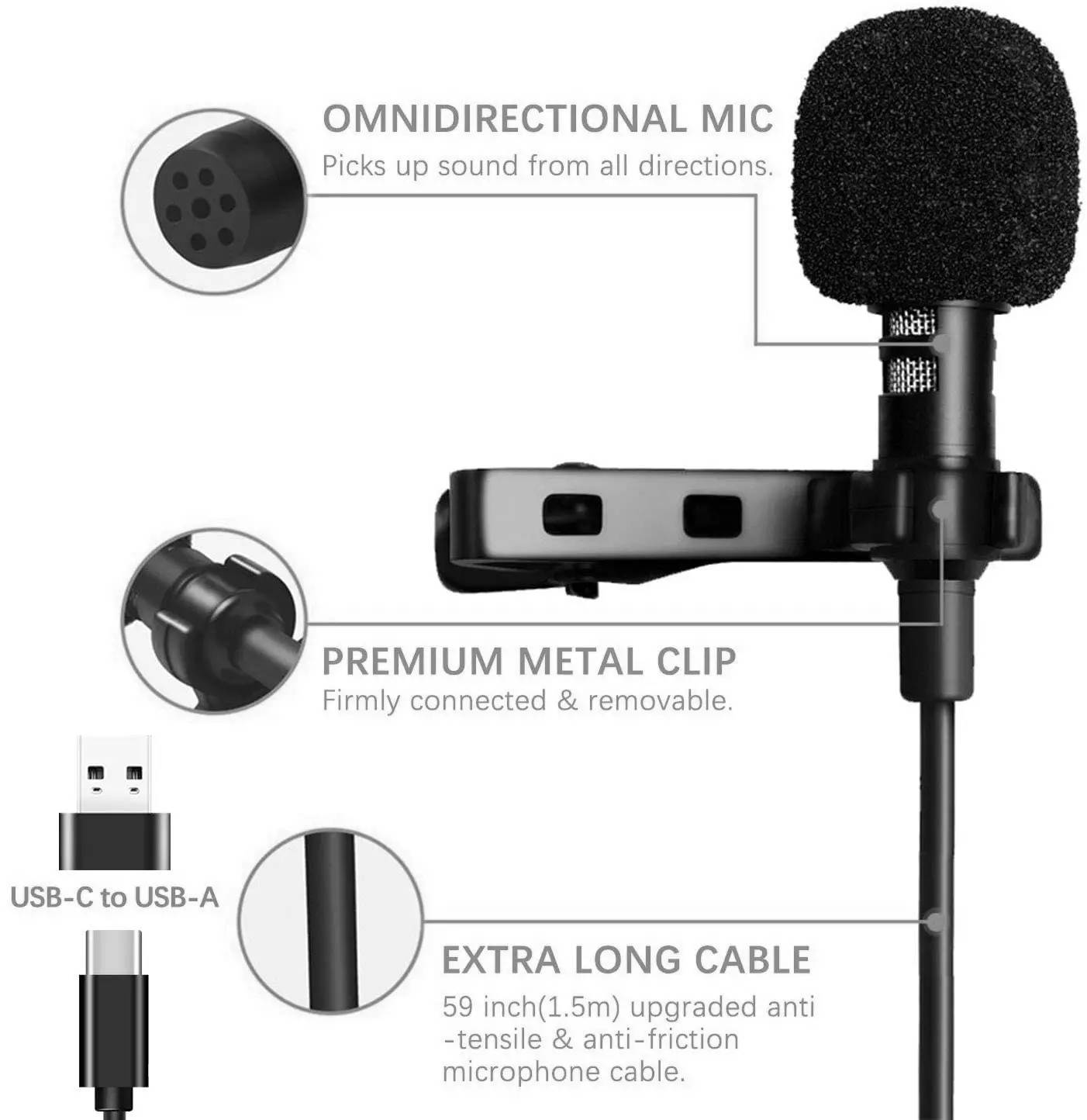 Multifunctional Loudspeaker Lavalier Clip/Lapel Clip Omnidirectional Condenser Microphone Wired Microphone is Suitable for Type-C Port Equipment