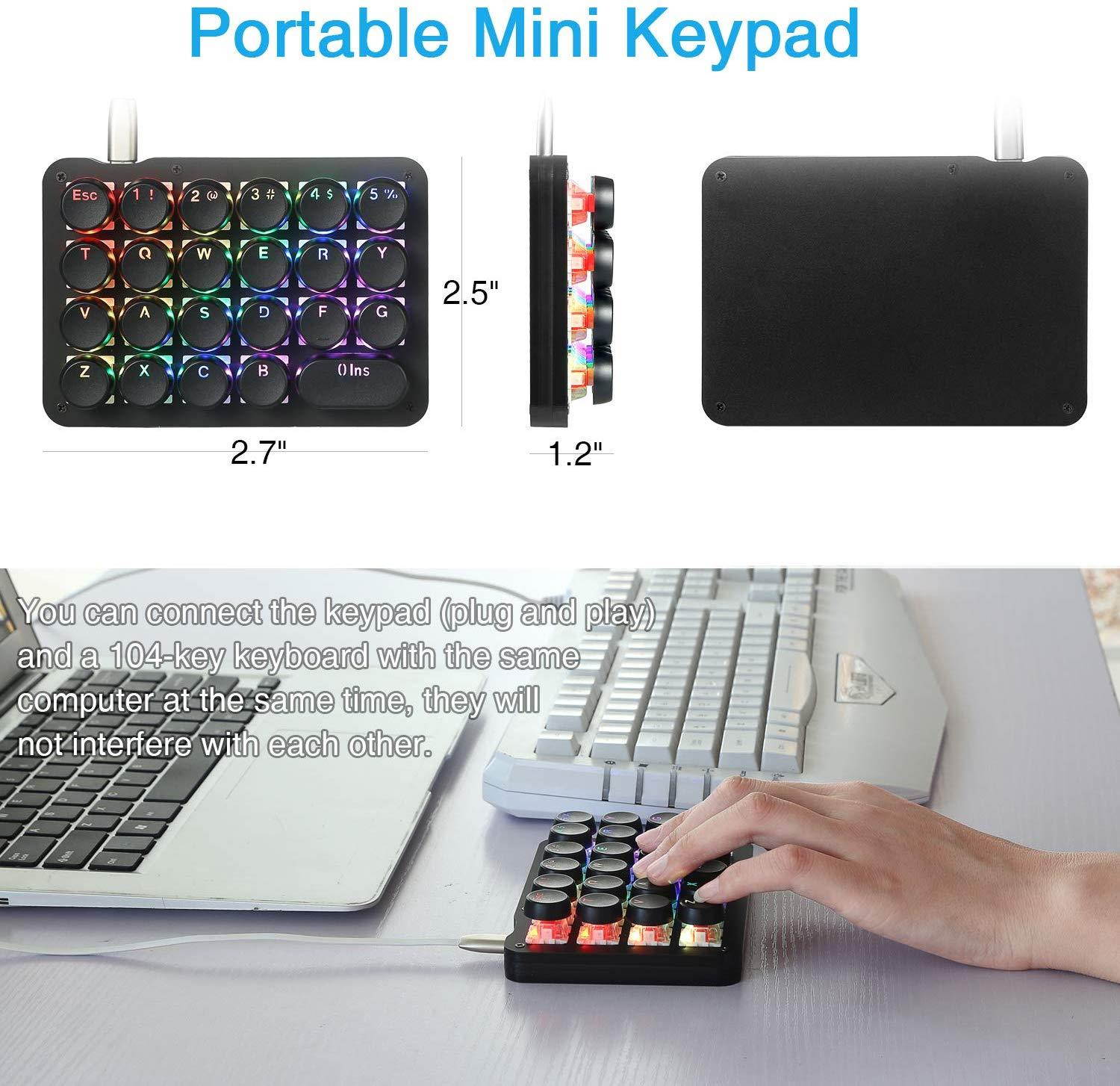 Koolertron One Handed Macro Mechanical Keyboard,RGB LED Backlit Portable Mini One-Handed Mechanical Gaming Keypad 23 Fully Programmable Keys Red Switches with Retro Classic Typewriter Round Keycaps