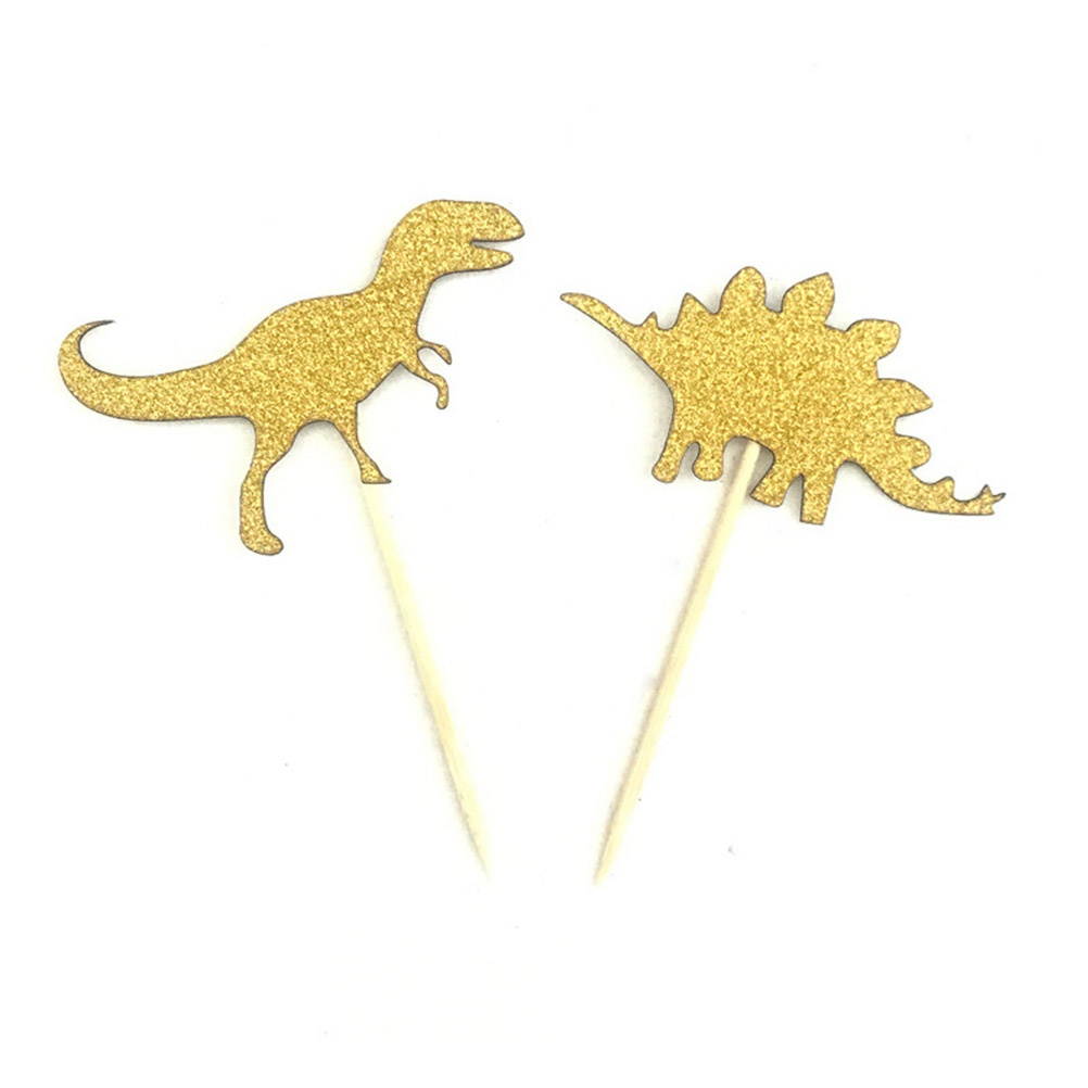 24PCS Golden Dinosaur Cake Toppers Decorative Glittering Animal Cupcake Muffin Food Fruit Picks Party Favors Supplies