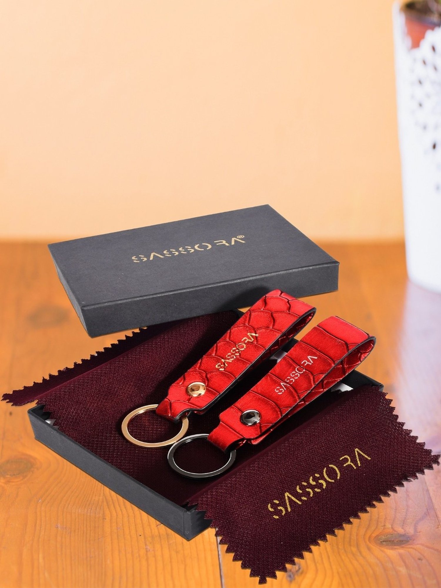 SASSORA Metallic Red Leather Keychain Key Ring Holders Anniversary Gift, Birthday Gift - Pack of 2