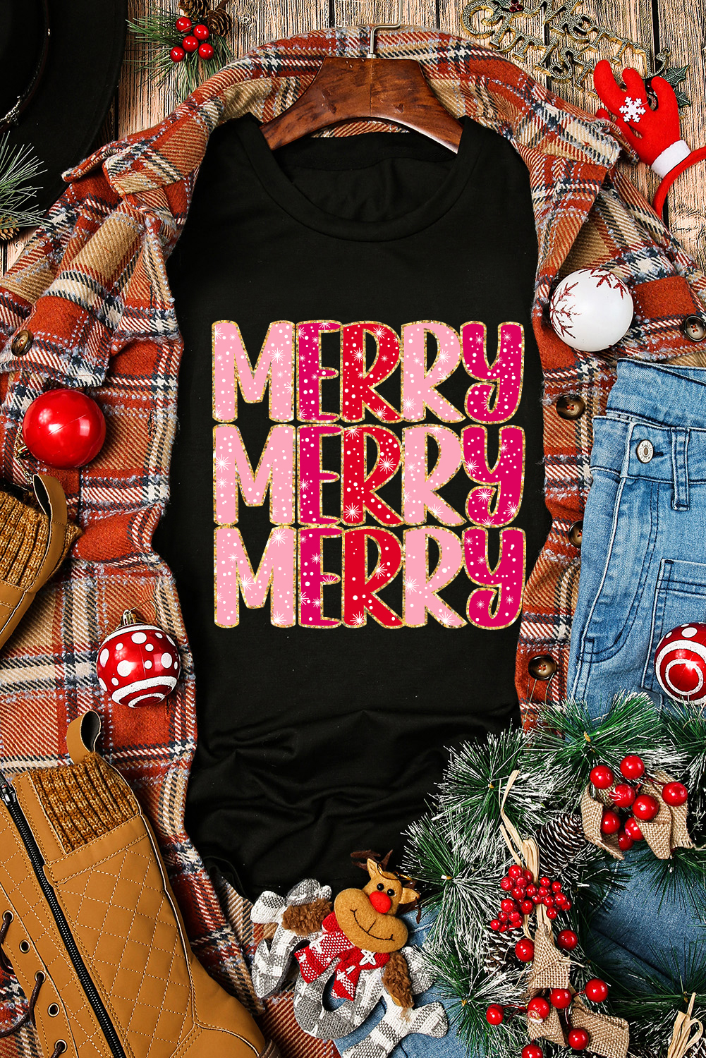Black Christmas Fashion MERRY Letter Graphic T Shirt