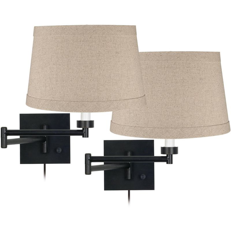 Barnes and Ivy Modern Swing Arm Wall Lamp Antique Brass Plug-In Light Fixture Taupe Fabric Bell Shade Bedroom Living Room Reading