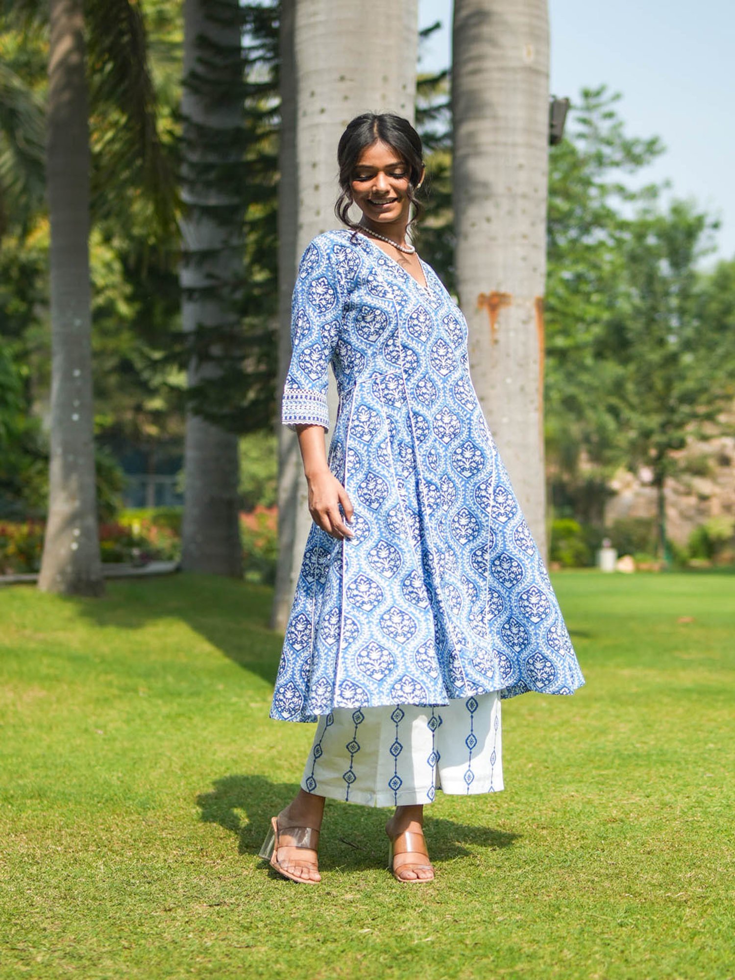 Akiso Blue Hand Block Printed Flared Kurta Set With Hand Embroidery Detail ( Set Of 2 )