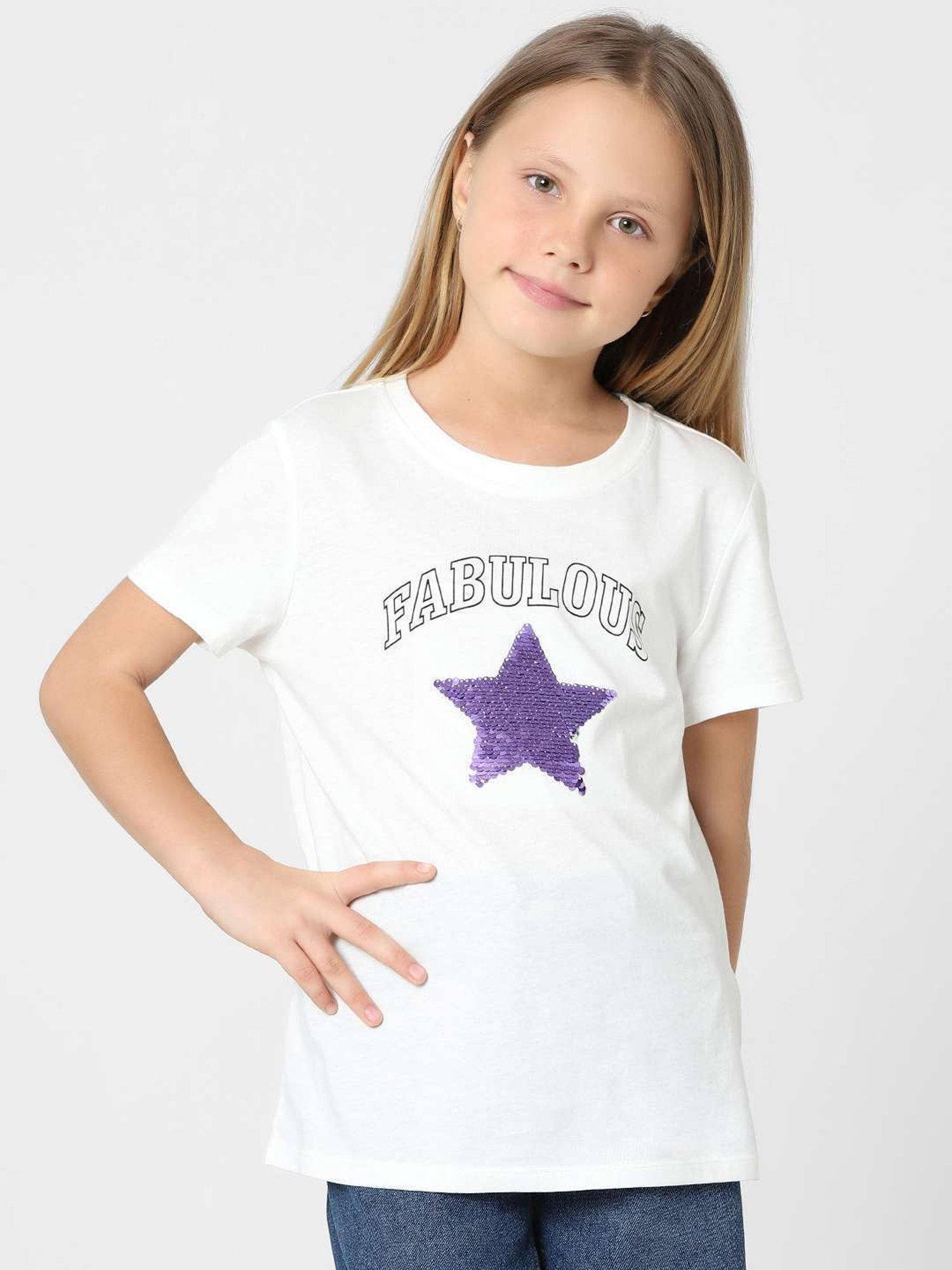 KIDS ONLY White & Purple Cotton Embellished T-Shirt