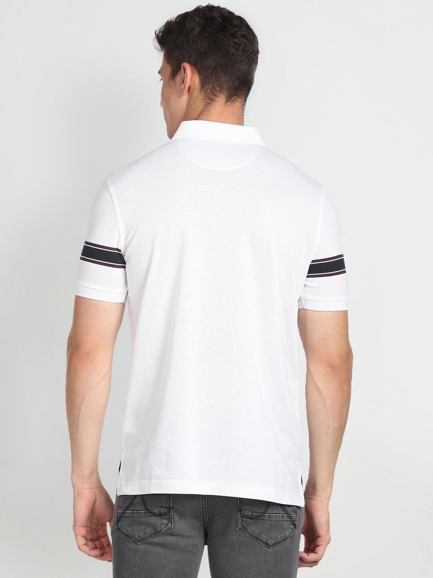 Arrow Sport White Cotton Regular Fit Striped Polo T-Shirt
