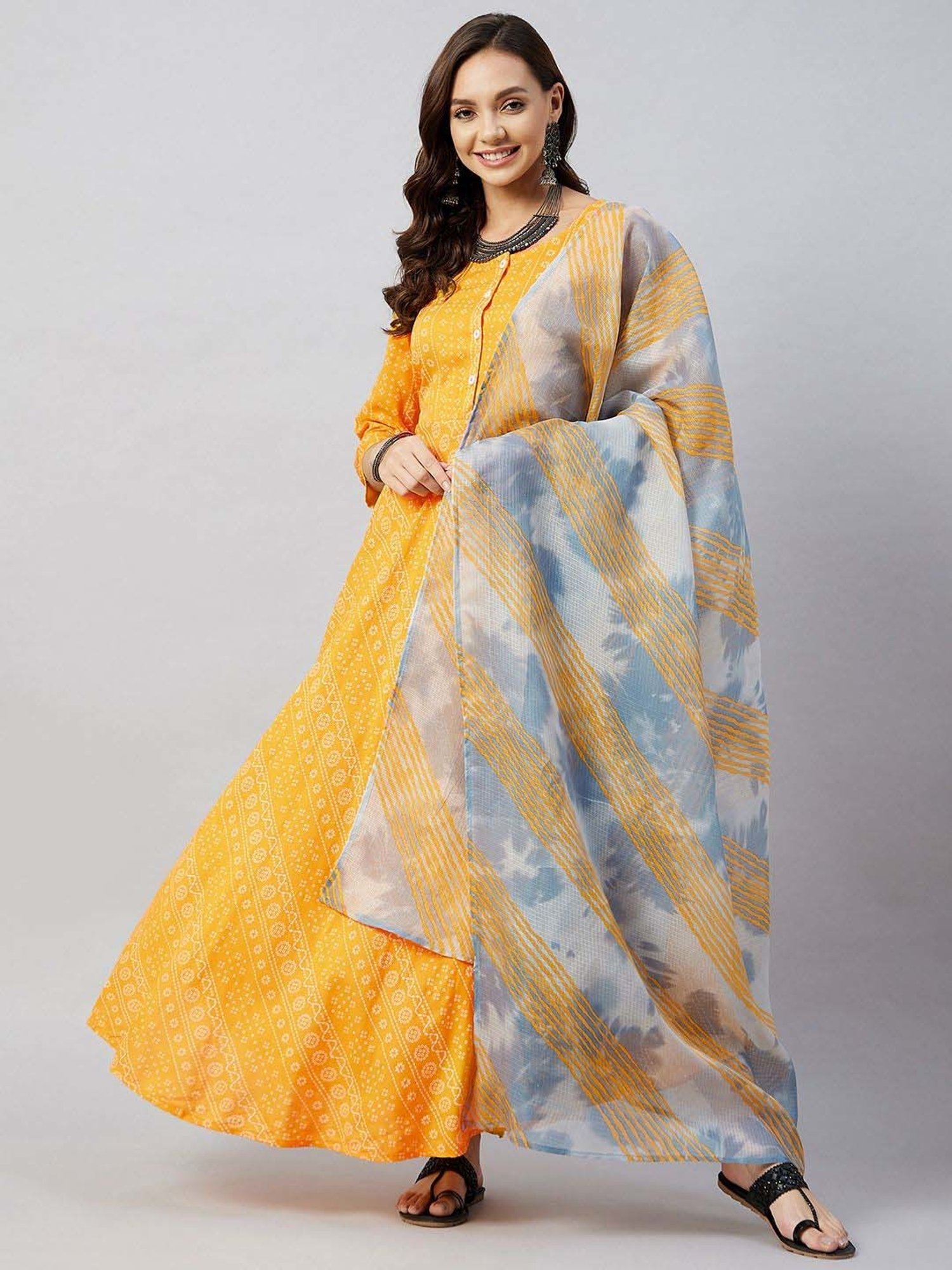 Inweave Grey & Yellow Cotton Printed Dupatta
