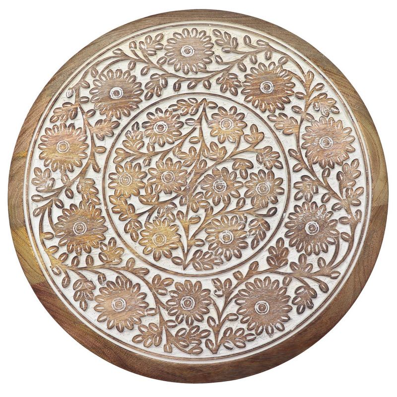 Intricately Carved Round Top Mango Wood Side End Table with Pedestal Base Brown/White - The Urban Port