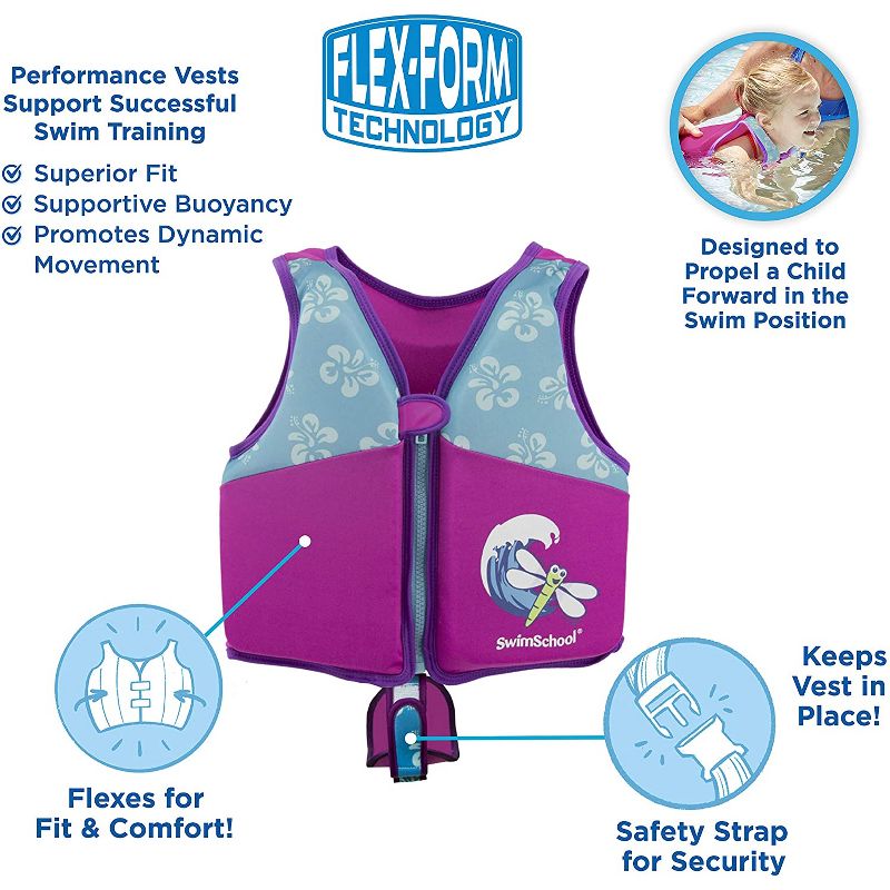 SwimSchool Flex Form Swim Trainer Vest Life Jacket for Ages 2 to 4, Up to 33 Pounds, for Pools and Beach, Pink