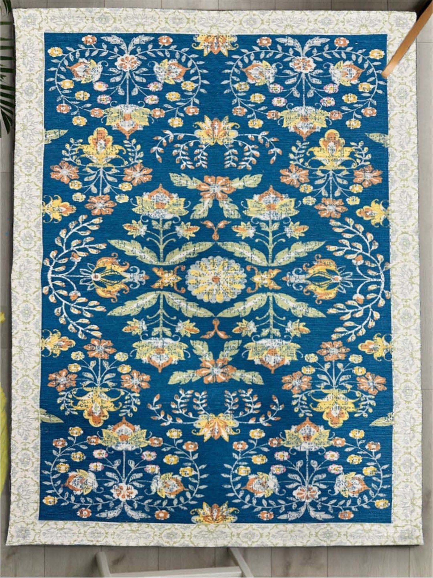 Urban Space Blue Chenille Ethnic Motifs Anti-Skid Carpet