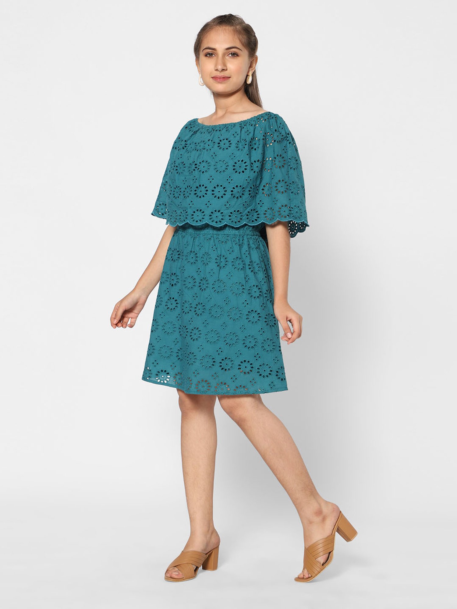 TeenTrums Girls Teal Self Design Dress
