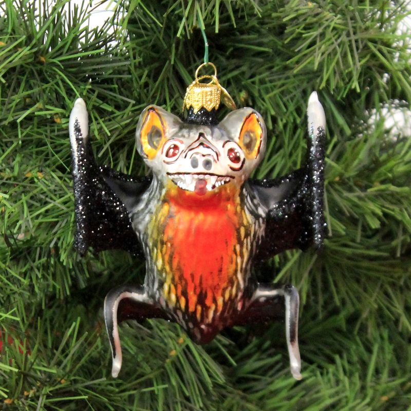 Morawski 4.25" Black & Orange Bat Ornament Halloween Glitter  -  Tree Ornaments