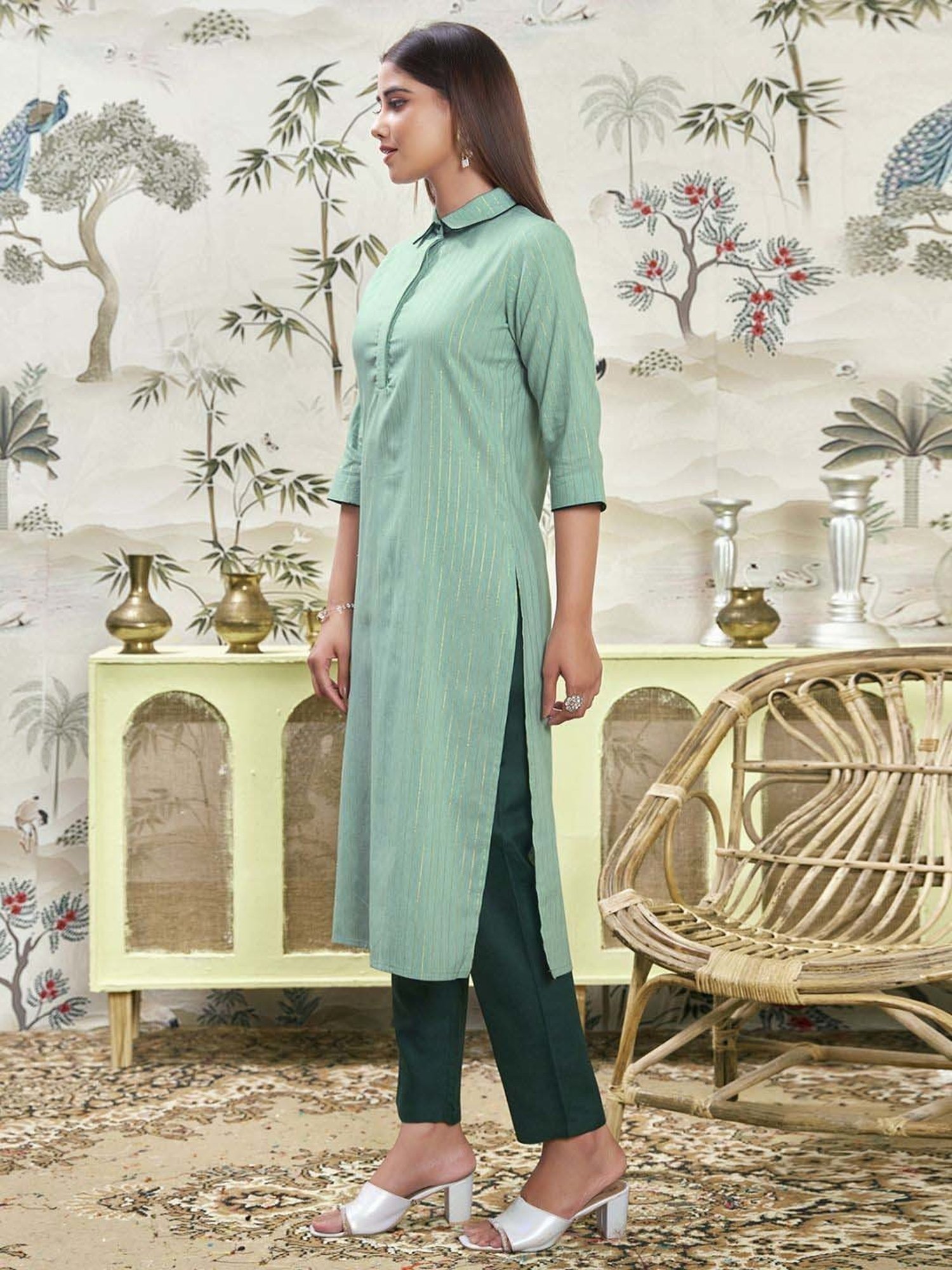 Skylee Green Cotton Striped Kurta Pant Set With Dupatta